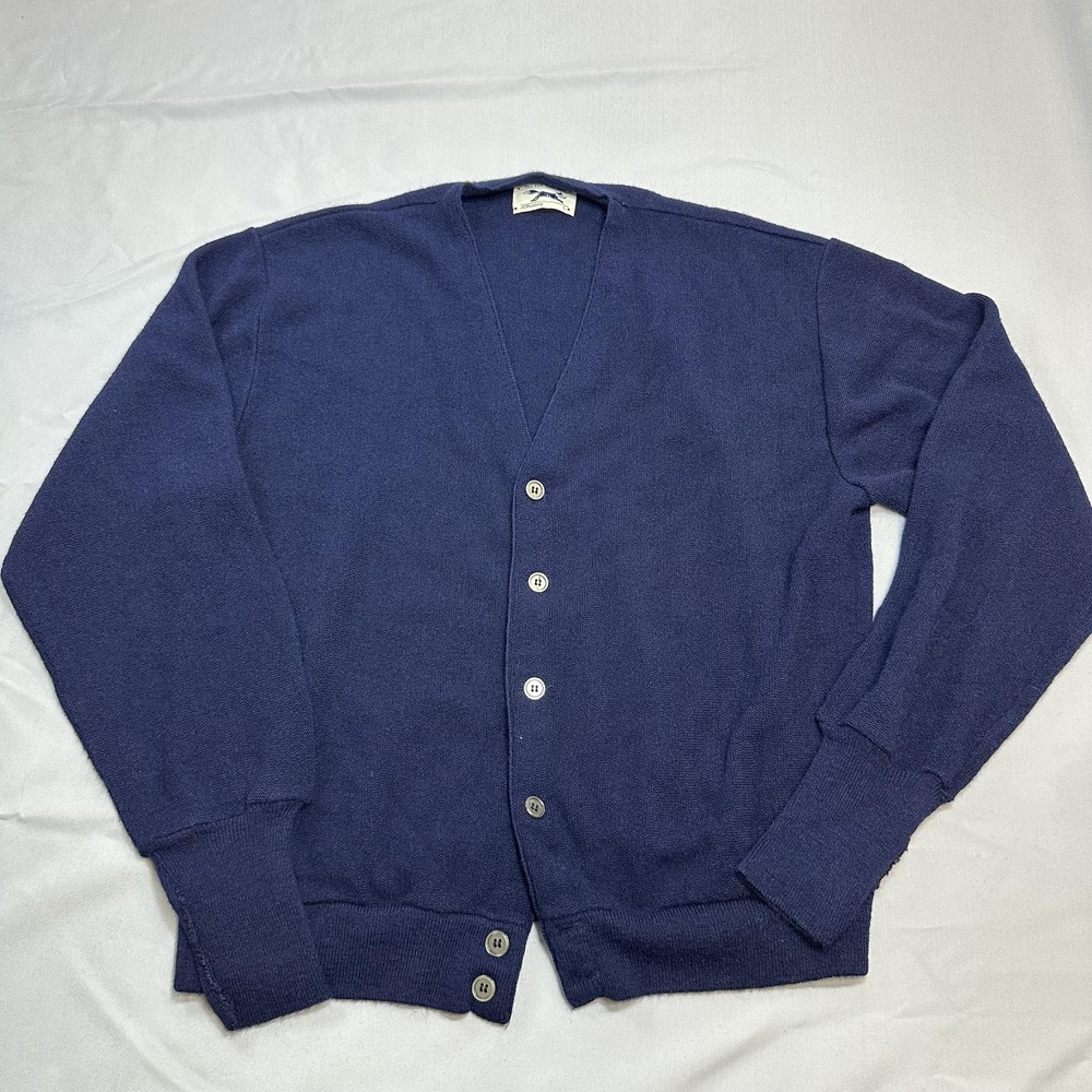 Vintage JCPenney Fox Cardigan Jacket Mens L Blue Tight-Knit Casual Retro 90s